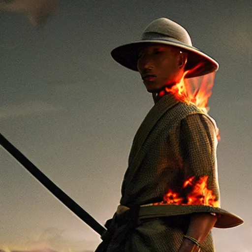 Image similar to cinematic film still Pharrell Williams starring as a Samurai holding fire, Japanese CGI, VFX, 2003, 40mm lens, shallow depth of field,film photography