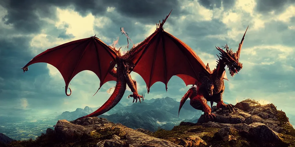 Image similar to A impressive single dragon with half open wings breathing fire and standing on the top of a mountain, epic composition, epic lighting, detailed and intricate image, cinematic, 4K