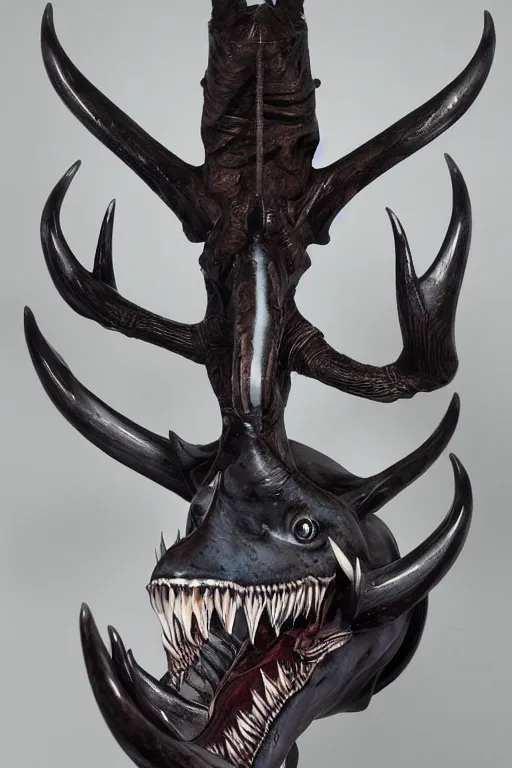 Image similar to sideview waist up portrait of baphomet shark with big antler made with porcelain by jeff easley and peter elson, beautiful eyes and face, symmetry face, galaxy, gothic, surreal, dread, highly detailed, intricate complexity, epic composition, magical atmosphere, masterpiece, award winning, trending on artstation