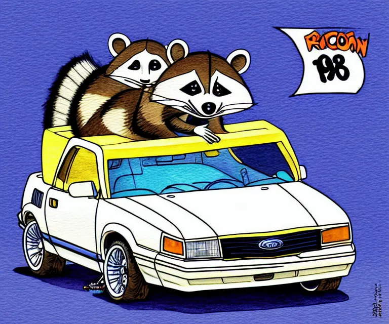 Prompt: cute and funny, racoon wearing a helmet riding in a tiny 1 9 8 8 ford mustang 5. 0, ratfink style by ed roth, centered award winning watercolor pen illustration, isometric illustration by chihiro iwasaki, edited by range murata