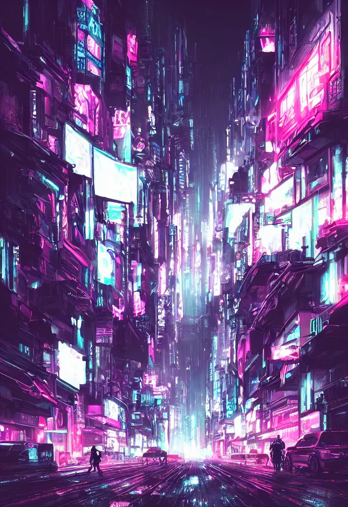 Prompt: concept art of a magnificent dark neon futuristic cyberpunk city bustling street at night cyberart in the style of liam wong
