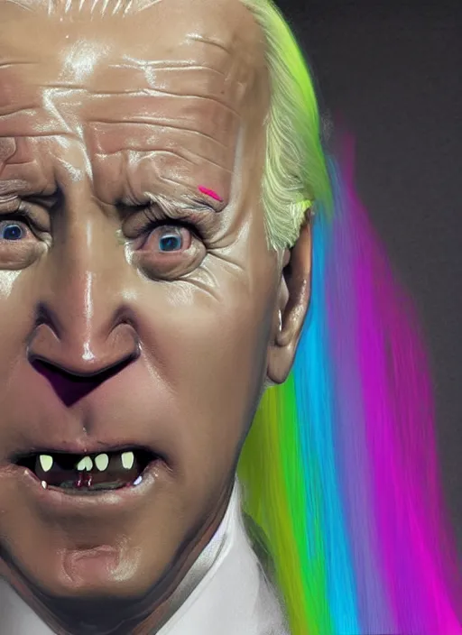 Image similar to Joe Biden as a transgender woman, maniac look, rainbow hair, ugly, gross, realistic, beta male, accurately portrayed, portrait art by Hieronymus Bosch and greg rutkowski, highly detailed, digital painting, concept art, illustration, transgender flag displayed, trending on artstation, very detailed, smooth, sharp focus, octane render, close up