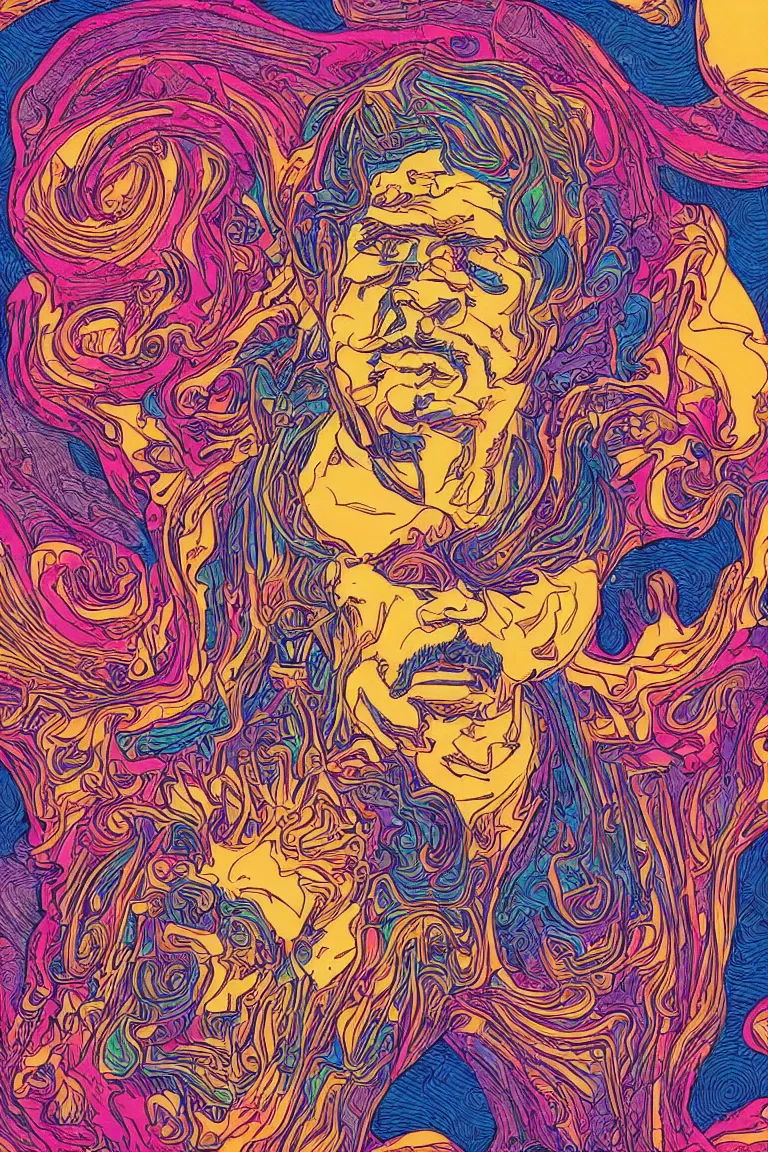 Image similar to beautiful colorful hyperrealist highly detailed psychedelic music poster'the floating head of patton oswalt ', psychedelic art nouveau, beautiful high contrast colored wood engraving, moebius comic style, shocking detail trending on artstation 8 k