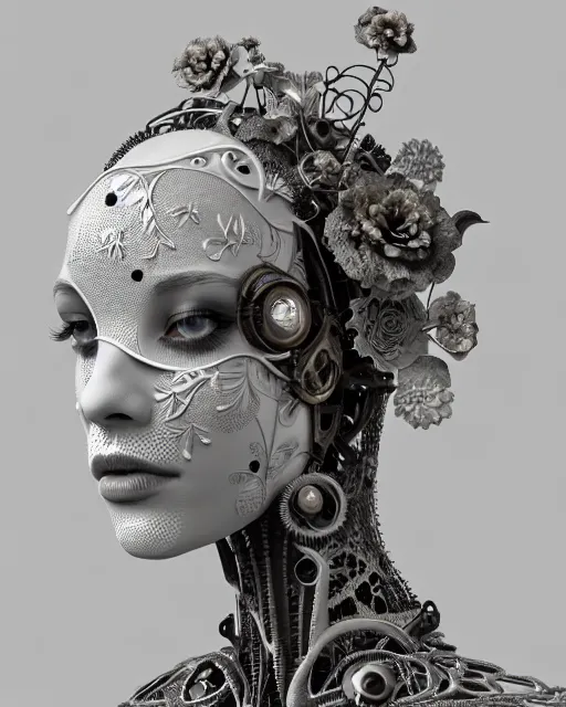 Image similar to monochrome 3 d model, 1 8 9 0 picture, silver lace floral steampunk biomechanical beautiful young female cyborg with porcelain profile face and a techno eye, volumetric light, leaves foliage and stems, hibiscus flowers, sinuous fine roots, fine foliage lace, alexander mcqueen, rim light, big gothic fashion pearl embroidered collar, octane render, 8 k