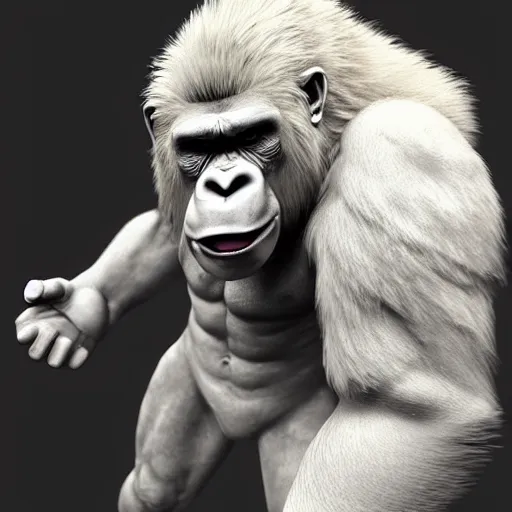 Image similar to angry tough rough looking albino gorilla. scars, battle damage, scratched armor, interesting 3 d character concept by square enix, in the style of league of legends, hyper detailed, character modeling, cinematic, final fantasy, video game character concept, ray tracing, fur details, maya, c 4 d
