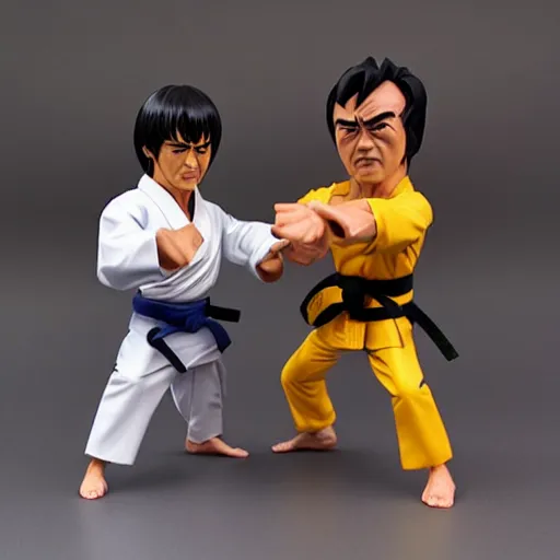 Prompt: dr. phil fighting bruce lee pvc figures, ultra smug faces, karate movie, action fx