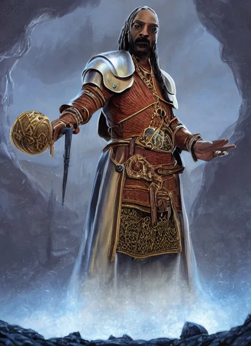 Image similar to snoop dogg as a mage, short beard, grumpy, plate armor, Ivan Aivakovsky, Boris Vallejo, epic fantasy character art, D&D Concept Art, full length, ultra Realistic, Regal, Refined, Detailed Digital Art, Exquisite detail, post-processing, masterpiece, Cinematic Lighting, Unreal Engine, 8k, HD,