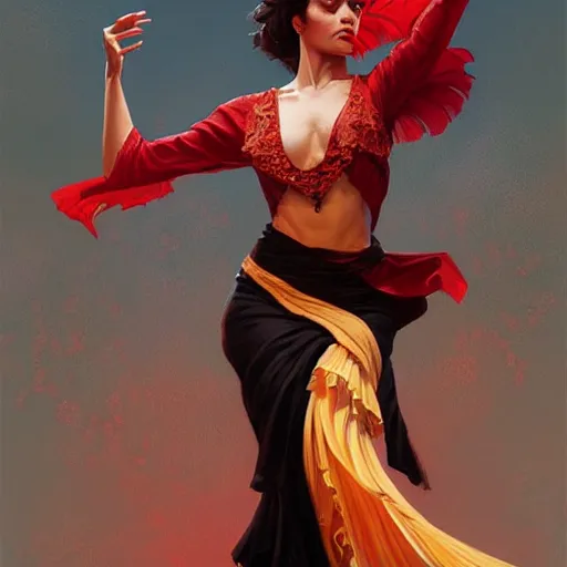 Image similar to fierce spanish female flamenco dancer, spotlight, highly detailed, digital painting, artstation, portrait, concept art, smooth, sharp focus, illustration, cinematic lighting, art by artgerm and greg rutkowski and alphonse mucha