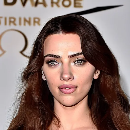 Image similar to a woman who is a genetic combination of kim kardashian and kat dennings and scarlett johansson and margot robbie and emma watson, face and upper - body focus