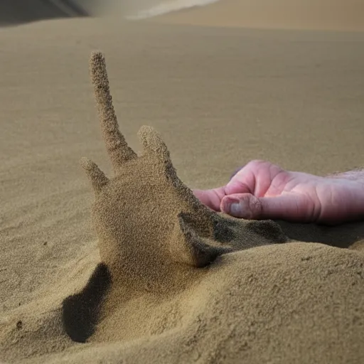 Prompt: desperate hand emerging from sand