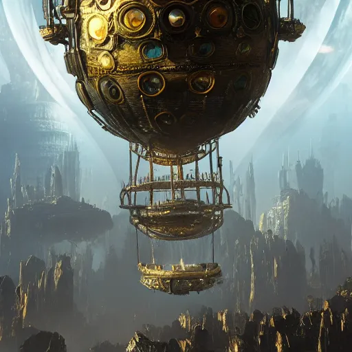 Image similar to enormous flying city in a faberge egg, sky, steampunk, fantasy art, masterpiece, hugh ferriss, unreal engine 5, peder balke