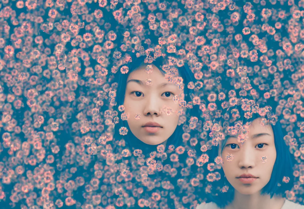 Image similar to centered front face portrait cyberpunk girl, clear blue sky vintage style, wrapped in flowers and wired, in the style of yayoi kusama, sigma 8 5 mm f 1. 8