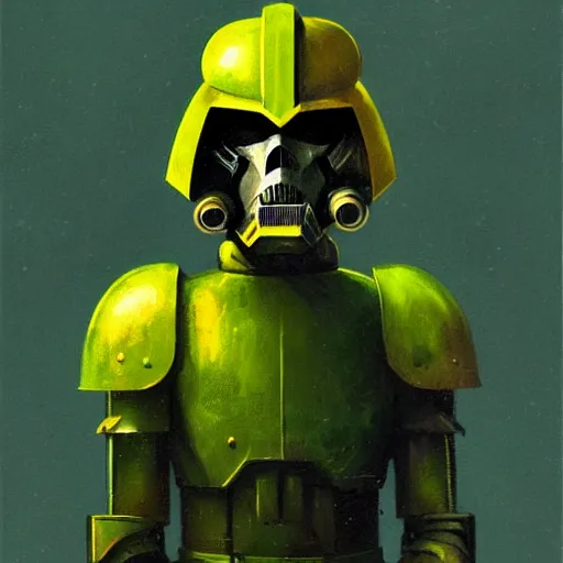 Image similar to portrait of a mutant chronicles bauhaus doomtrooper, wearing green battle armor, a yellow smiley sticker centered on helmet, by greg rutkowski