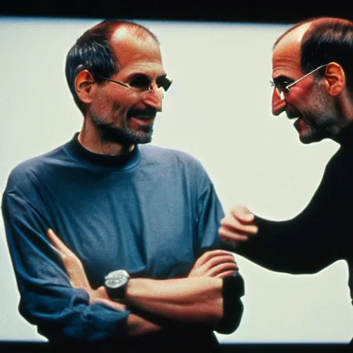 Image similar to photograph steve jobs discussing happier times with douglas adams on campus 1 9 8 8, healthy, in thomas ruff style, 3 5 mm ektachrome