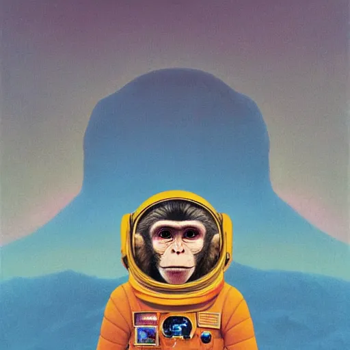 Prompt: Portrait of a monkey astronaut in the style of James Gilleard, Zdzislaw Beksinski, Mark Ryden, Wolfgang Lettl highly detailed, hints of Yayoi Kasuma