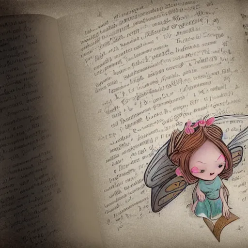 Image similar to you can see a big old open book in close - up. above the book floats a small sweet fairy, digital painting, fantasy art, ultra realistic, 4 k