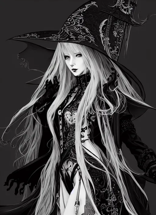 Image similar to beautiful human witch with blonde long straight hair in intricate ornate witch robe, haughty evil look, witch hat. in style of yoji shinkawa and hyung - tae kim, trending on artstation, dark fantasy, great composition, concept art, highly detailed, dynamic pose.