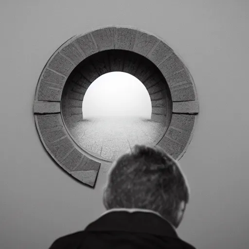 Prompt: man staring into a portal, trending on artstation, black and white