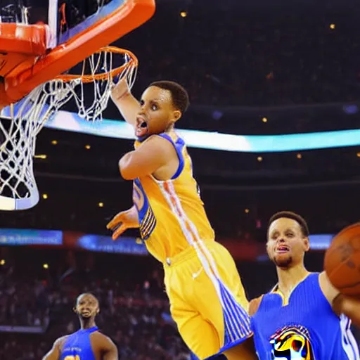 Prompt: steph curry dunking, clear face, sports photography