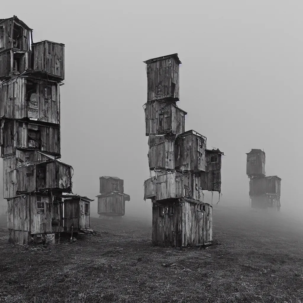 Prompt: two towers, made up of makeshift squatter shacks, uneven dense fog, dystopia, hasselblad x 1 d, fully frontal view, very detailed, ultra sharp, photographed by jeanette hagglund and ansel adams