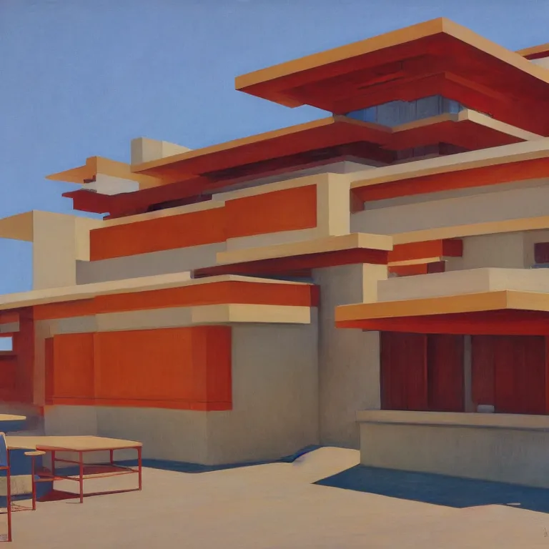 Prompt: Frank Lloyd Wright library, painted by Edward Hopper, painted by James Gilleard, airbrush