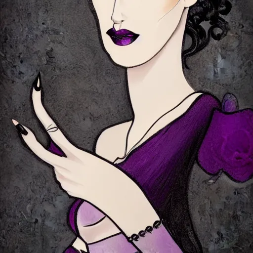 Image similar to beautiful delicate pale thin goth woman with black hair, wearing long black and purple dress, highly detailed, illustration