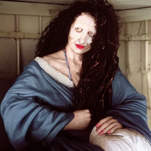 Image similar to a woman looking sick and curled up in a ball on the deck of a ship, a beautiful english woman with a long face narrow nose pale skin blue eyes red lips and wild messy tangles of curly white blonde hair, high resolution film still wearing a black robe and skull necklace and holding a spear, sandy, a journey to the west