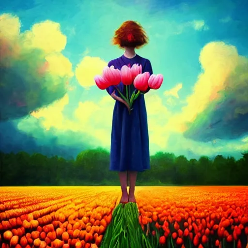 Image similar to girl with a giant tulip head, surreal photography, flower field, sunset dramatic light, impressionist painting, colorful clouds, blue sky, digital painting, artstation, simon stalenhag