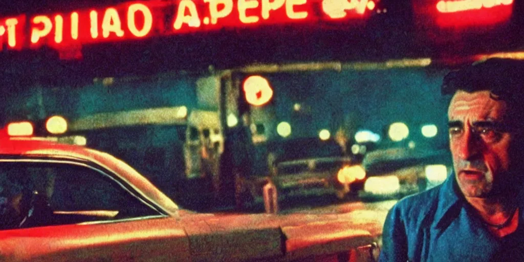 Image similar to 8 0 s polaroid photo, cinema still from movie taxi driver, robert de niro watching night streets, neon signs, colorful haze, americana, high production value, 8 k resolution, hyperrealistic, photorealistic, high definition, high details, tehnicolor, award - winning photography, masterpiece, amazing colors