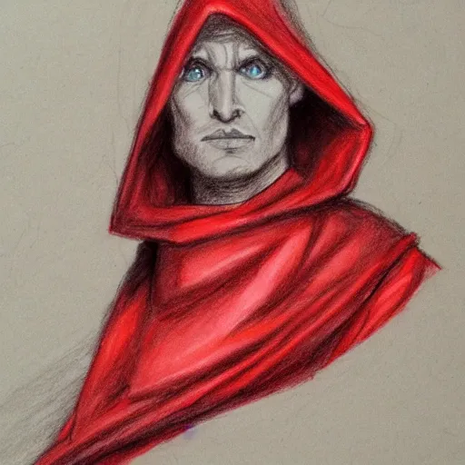 Image similar to a red robed occult sage, pencil sketch