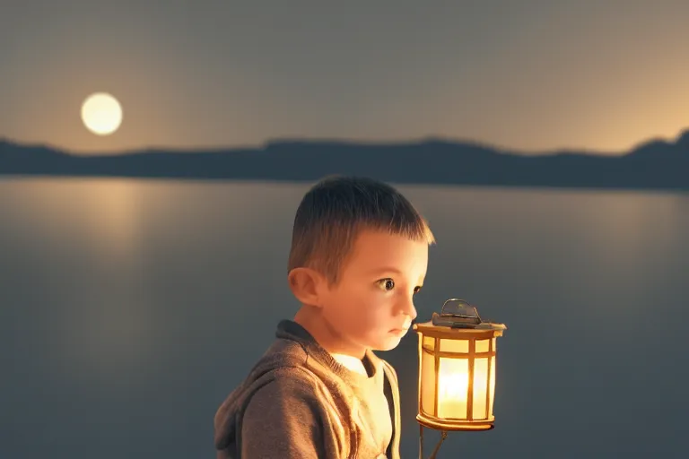 Prompt: portrait of a little boy carrying lantern at night, photorealistic face and skin tones, dreamy moonlit nightscape by the garden, lake house, smooth, matte colors, trending on artstation, 4 k, 8 k