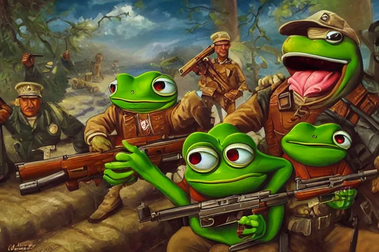 Image similar to portrait of pepe the frog and josef stalin with guns fighting a drug cartel, an oil painting by ross tran and thomas kincade