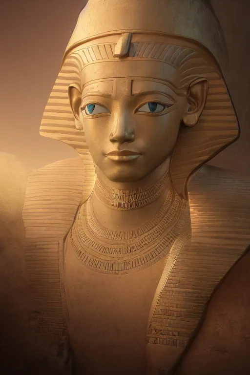 Image similar to portrait of an egyptian god, fantasy ,volumetric lighting, intricate, elegant, hyperdetailed 3d matte painting, highly detailed, digital painting, artstation, smooth, sharp focus, illustration, art by Makoto Shinkai and artgerm, hyperrealism, hyperrealistic, cinematic masterpiece, fantasy style 8k ultrahd octane render