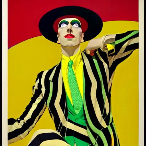 Image similar to art by joshua middleton, the yellow creeper, a tall manically smiling yellow - skinned man with green and black striped cycling shorts and wearing a long red and black striped ostrich feather boa, yellow makeup, mucha, kandinsky, poster, art deco motifs, comic art, stylised modern design, scarlet feather boa