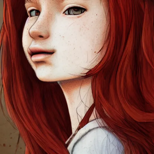 Prompt: a comic portrait of a red haired teenager girl, fine - face, realistic shaded perfect face, freckles, fine details, day setting. realistic shaded lighting poster by eric - anthony johnson and kentaro miura style, trending on art station