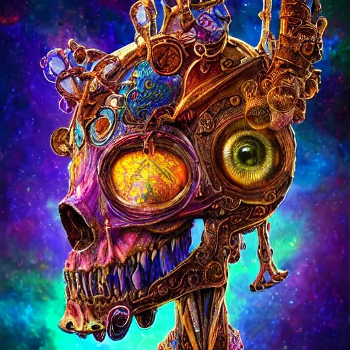 Prompt: portrait of a fantasycore glitchcore deformed animal skull in a helmet. intricate abstract. intricate artwork. celestial. prismatic, by josephine wall, pixar, ghibli. octane render, cgsociety very coherent symmetrical artwork. cinematic, hyper realism, high detail, octane render, 8 k, holographic accents