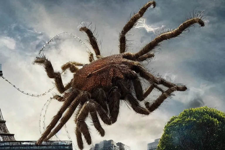 Image similar to film still of a tarantula climbing the eiffel tower in the new godzilla charlotte's web crossover movie