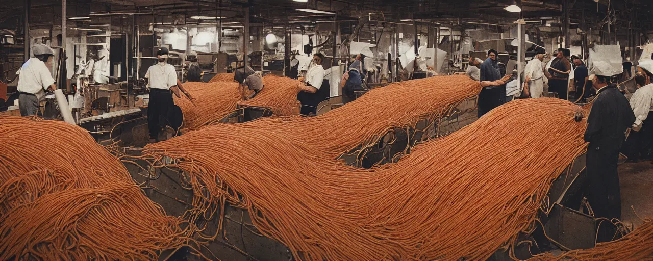 Image similar to a factory with workers handling giant mounds of spaghetti, canon 5 0 mm, cinematic lighting, photography, retro, film, kodachrome, closeup