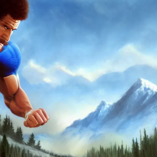 Image similar to a closeup photorealistic photograph of bob ross working on a canvas painting of superman. film still. brightly lit scene. mountains and trees. this 4 k hd image is trending on artstation, featured on behance, well - rendered, extra crisp, features intricate detail, epic composition and the style of unreal engine.