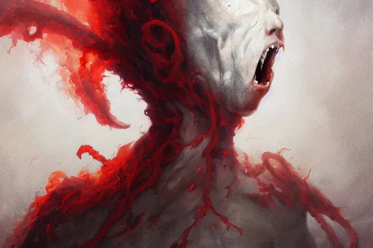 Image similar to painting by greg rutkowski of a flying crying human head and face that is chalk white in color, with tentacles coming of the neck, fiery red eyes, flying in a terrying hell like cavernous place