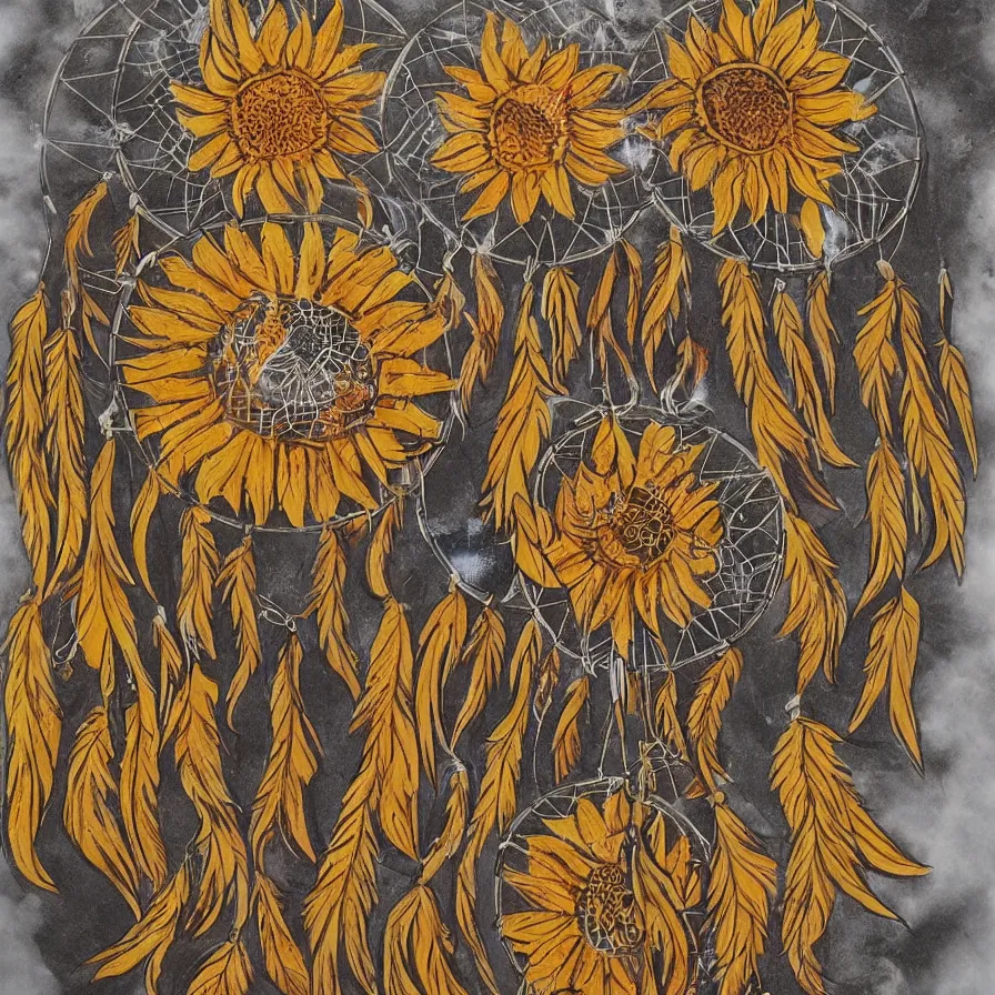 Prompt: Sunflowers dreamcatchers embedded into one another and burning with smoke and flames. Artwork with strong tribal influences.