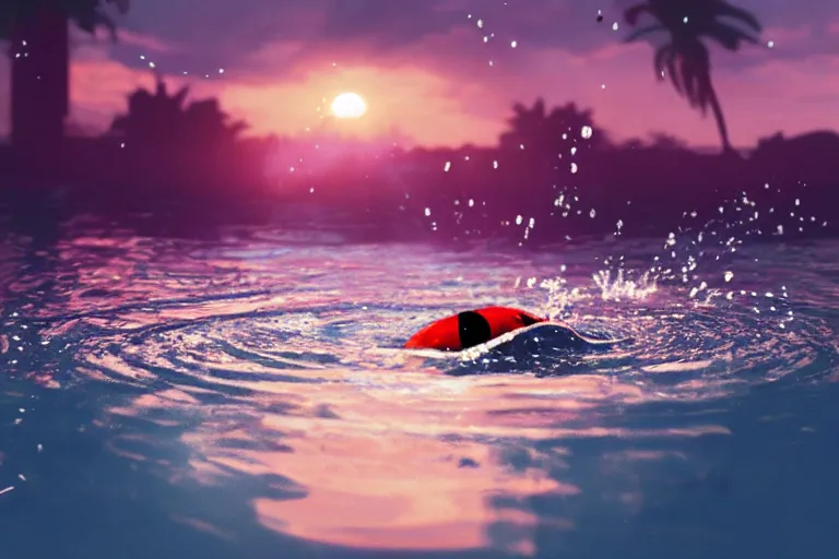 Image similar to ladybird swimming in a pool of water, sunset, evening light, cinematic, fantasy art, trending on artstation, highly detailed, digital painting, volumetric light