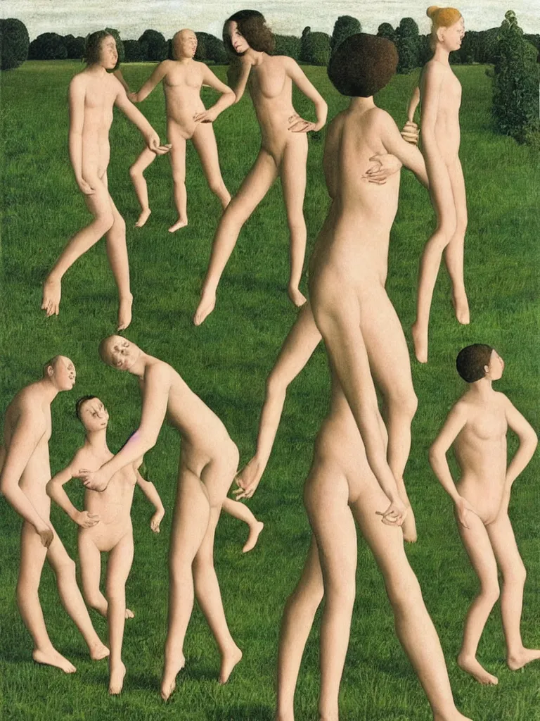 Image similar to A stylish group of disco dancers, dancing outside in a lush green field, pastel colors, long shadows. Painting by Alex Colville, Piero della Francesca