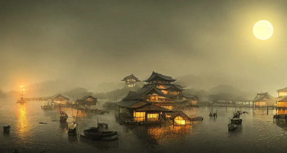 Image similar to An old Japanese fishing village at night, evil, demonic, enchanting, misty, haze, cloudy, angelic, flowers, nature, environment concept, cinematic, cgsociety, dim and dark lighting, cinematic, intricate details, 8k detail post processing, hyperealistic, photo realism, by Stephen King