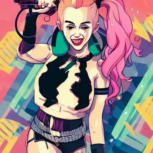 Image similar to julia garner as tank girl as harley quinn as delirium of the endless, the sandman, clean cel shaded vector art. shutterstock. behance hd by lois van baarle, artgerm, helen huang, by makoto shinkai and ilya kuvshinov, rossdraws, illustration