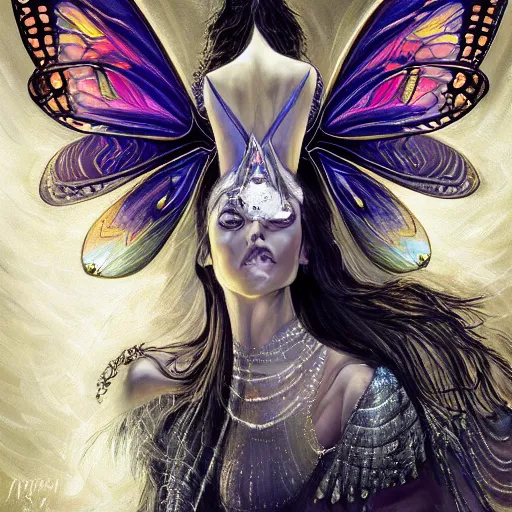 Image similar to photorealistic painting of beautiful art deco faerie queen with glowing eyes, moth wings with geometric patterns, reflective detailed textures, highly detailed dark fantasy science fiction painting, silver and cool colors, extremely detailed, artstation