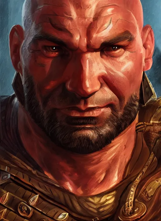 Image similar to A fantasy comic book style portrait painting of Dave Bautista as epic warrior in a stunning fantasy fortress, unreal 5, DAZ, hyperrealistic, octane render, RPG portrait, dynamic lighting