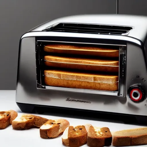 Prompt: a toaster that looks like a Lamborghini car, with bread in the slots, studio product shot