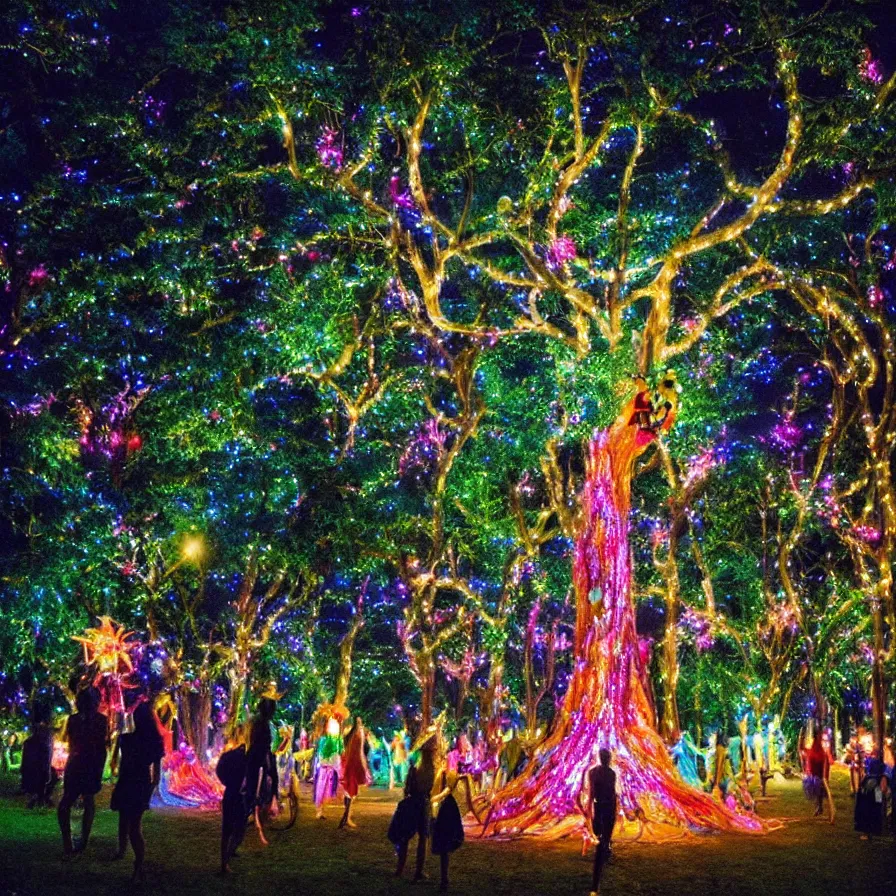 Image similar to a night carnival fairies around a magical tree next to a lake with iridiscent water, christmas lights, volumetric lightning, creatures and fantastic people disguised as fantastic creatures in a magical forest by summer night, masterpieceunderwater scene, masterpiece painted by slim aarons, scene by night