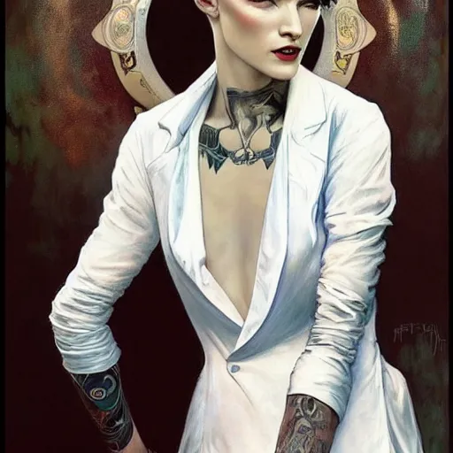 Image similar to beautiful portrait of androgynous ruby rose as desire from sandman in a white tuxedo!!!, rockabilly style, by alphonse mucha, cedric peyravernay, by jeremy mann, by frank moth, white suit and black tie, soft lightning, high detailed, 8 k